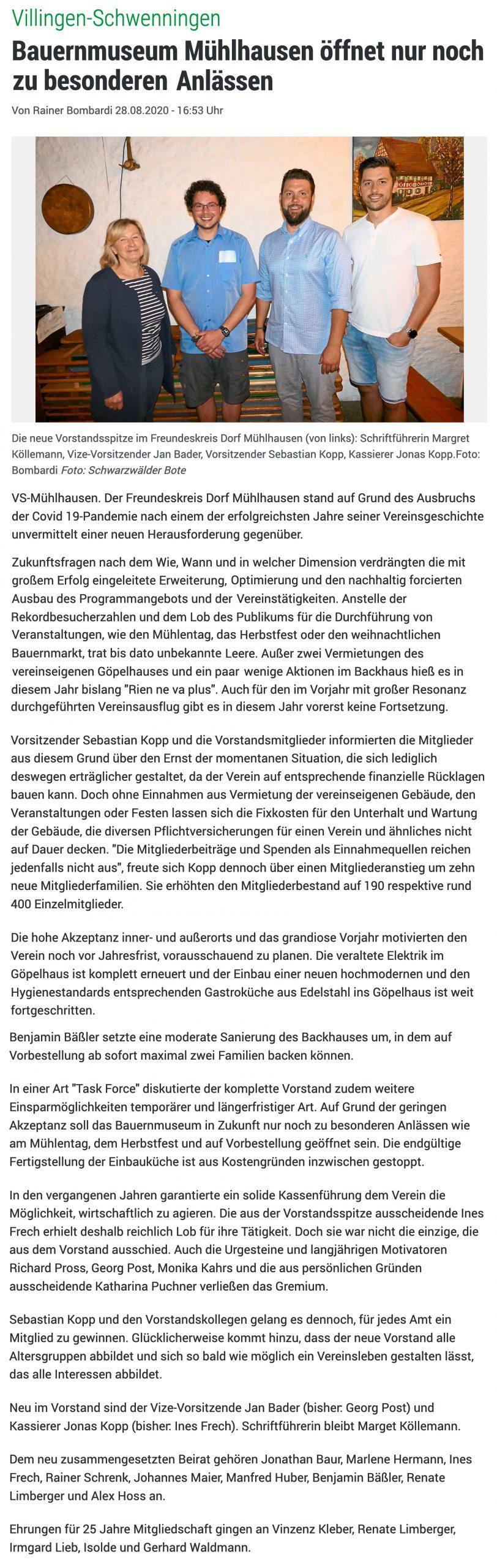 Bericht von Rainer Bombardi, Schwarzwälder Bote online vom 28.08.2020